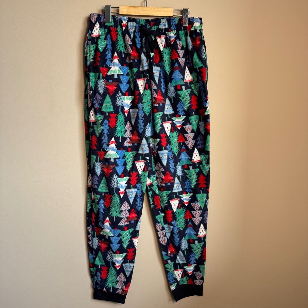 Womens Pajama Pants Sleepwear Christmas Trees Navy Blue‎ Size Large Jogger Style
